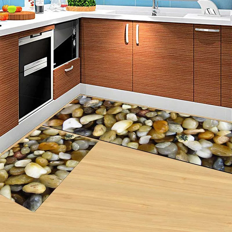Tapis de sol géométrique confortable pour cuisine, design moderne et antidérapant.