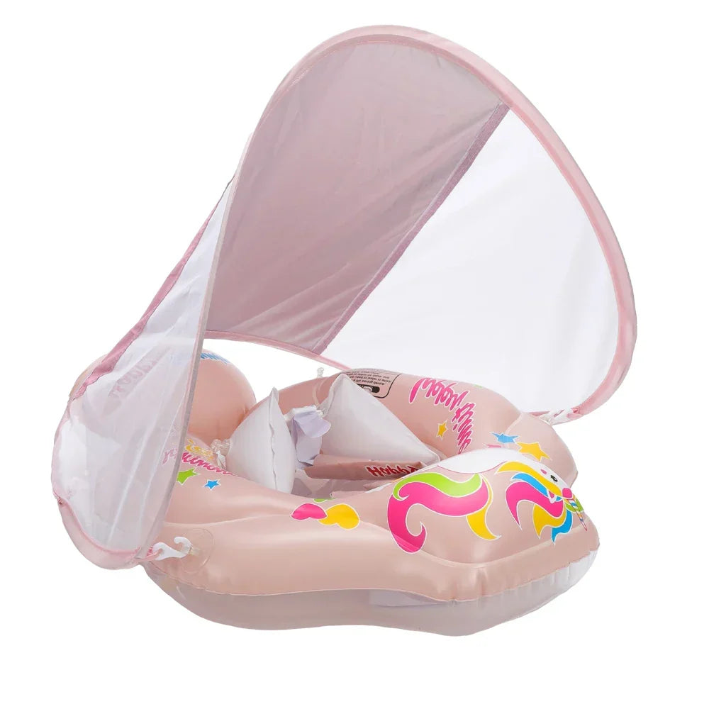 Bouée de bain gonflable bébé avec parasol, offrant protection UV et sécurité pour la baignade estivale en piscine.