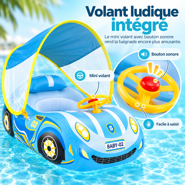 Siège de bain gonflable pour enfant, assurant sécurité et confort avec son pare-soleil en eau.