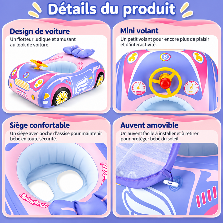 Siège flotteur bébé gonflable et sécurisé pour piscine, avec pare-soleil ajustable, pour l'été.