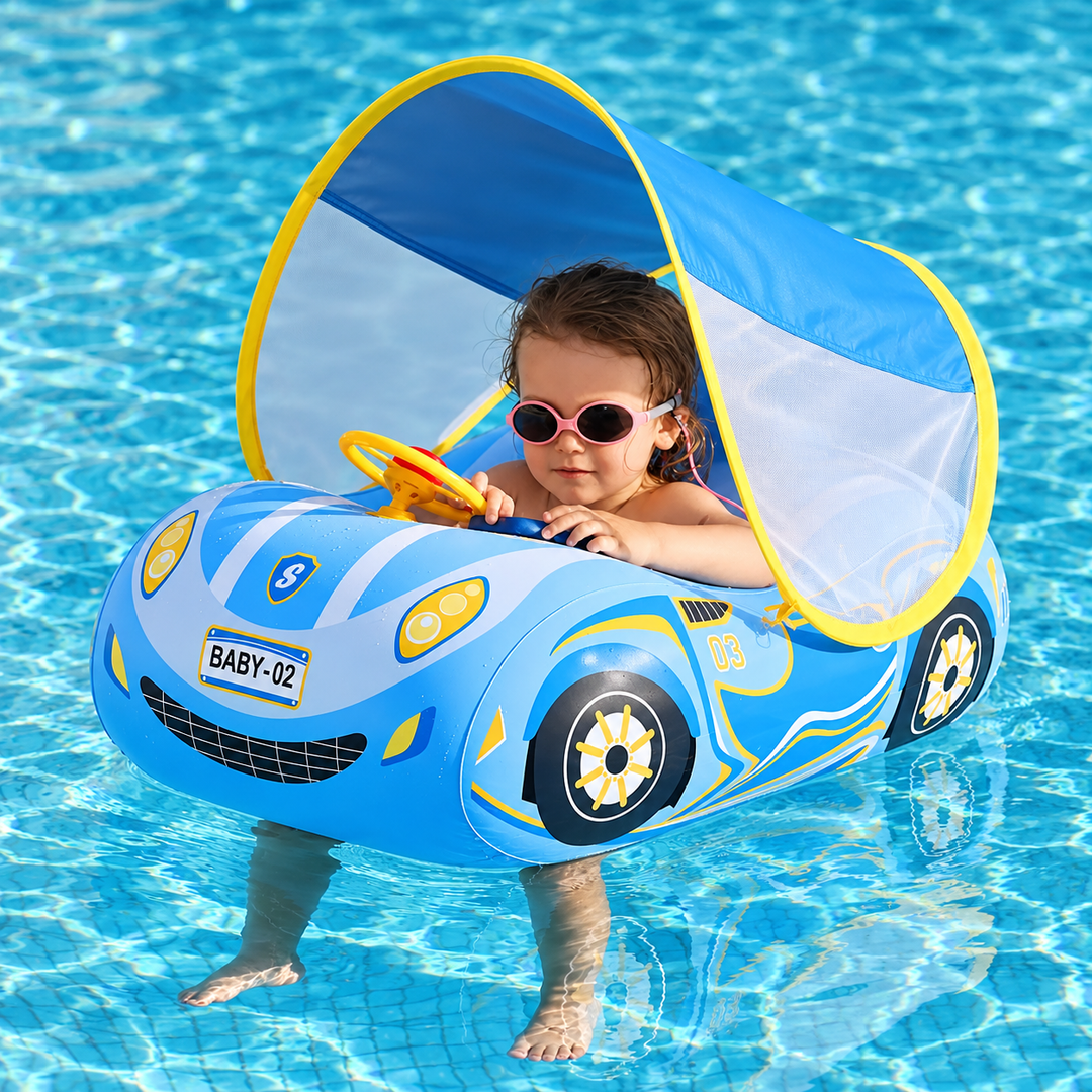 Bague de bain gonflable bébé avec siège flotteur et pare-soleil pour sécurité en piscine.