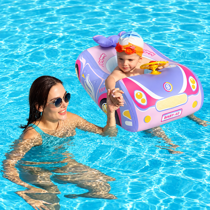 Flotteur pour bébé avec siège et pare-soleil, conçu pour la sécurité et le confort des tout-petits dans l'eau.