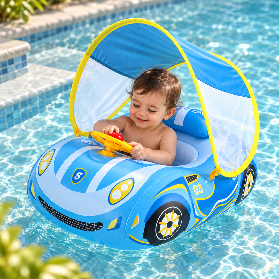 Accessoire de piscine bébé: bague de bain gonflable avec pare-soleil, favorisant l'éveil aquatique en sécurité.