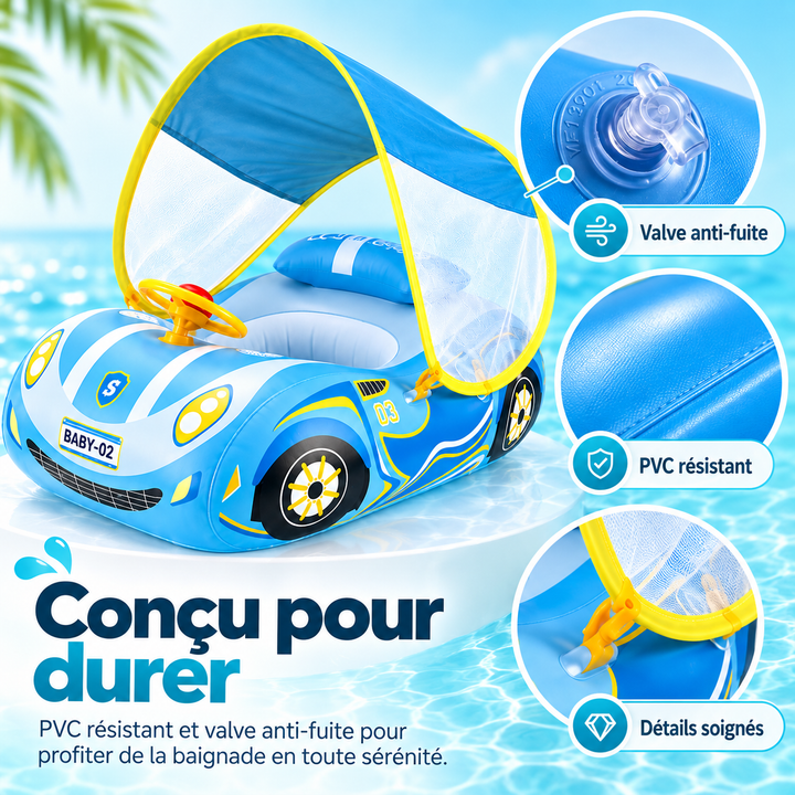 Flotteur enfant gonflable avec protection solaire, idéal pour les jeux aquatiques et la baignade en famille.