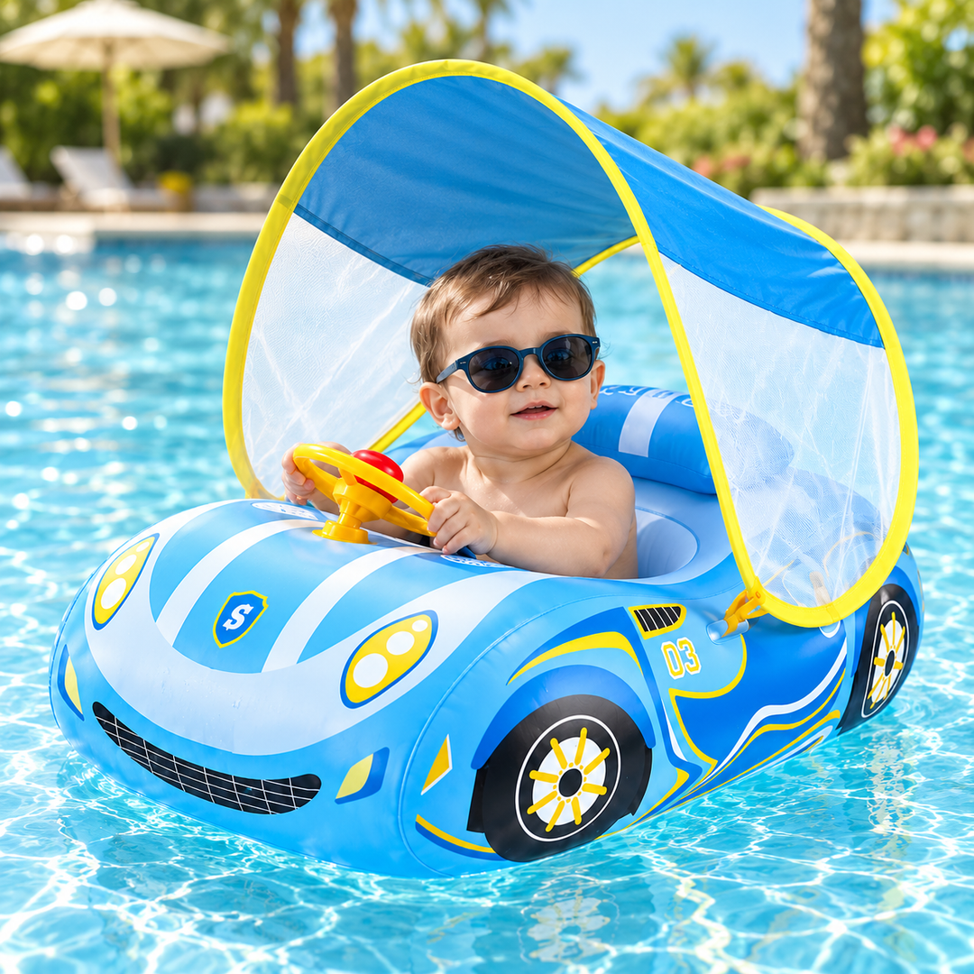 Siège flotteur bébé gonflable avec protection solaire intégrée, pour une baignade en toute sérénité.