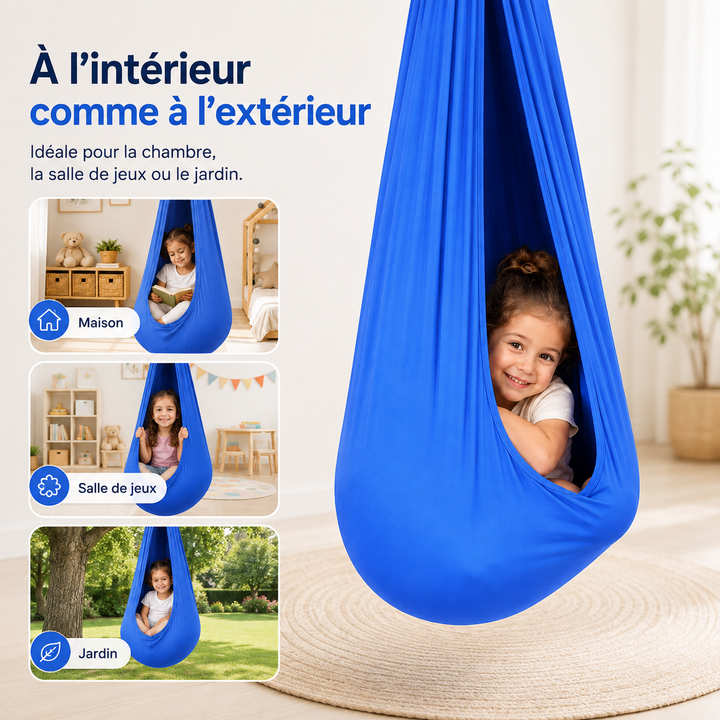 Hamac balançoire lilas pour enfant, doux et sécurisé, parfait pour la chambre ou l'extérieur.