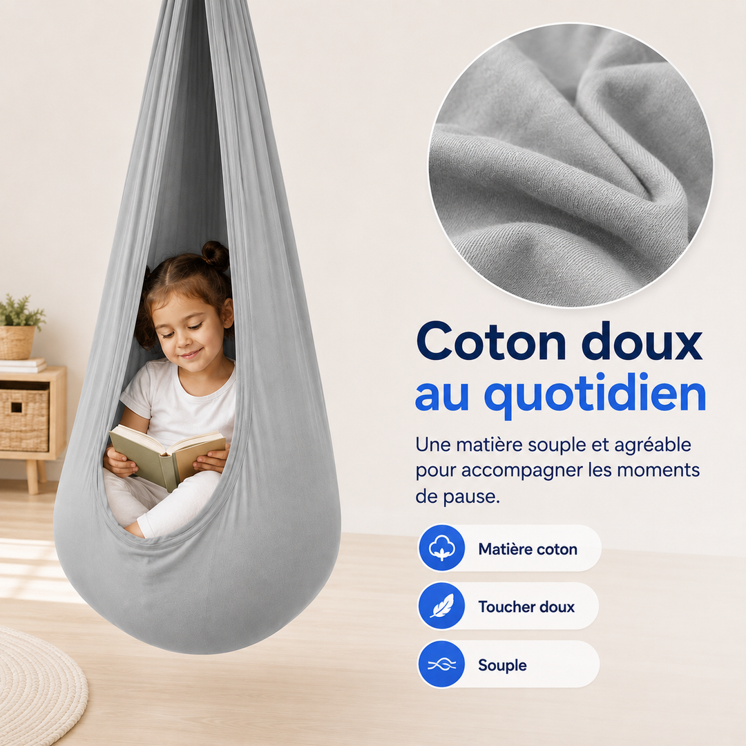 Cocon suspendu en polyester pour enfant, résistant, pour des moments de détente intérieur/extérieur.
