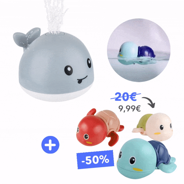 Baleine jouet de bain pour bébé, stimule l'éveil sensoriel avec jets d'eau doux et lumières captivantes.