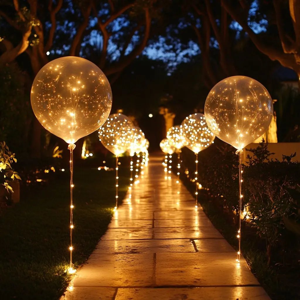 Ballons lumineux LED festifs pour décoration de fête, créant une ambiance chaleureuse et mémorable.
