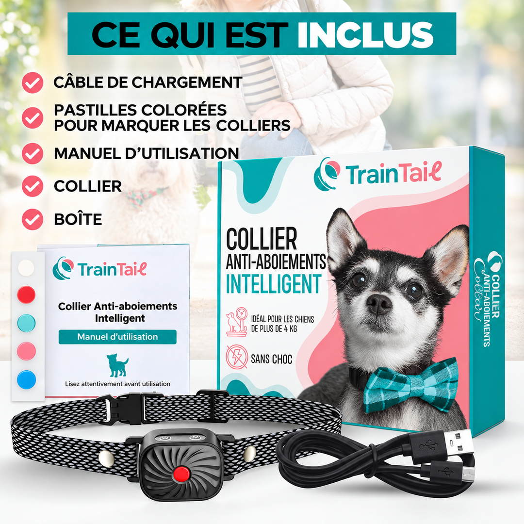 Collier intelligent anti-aboiement pour chien, méthode de dressage douce, idéal pour l'éducation des petits compagnons.