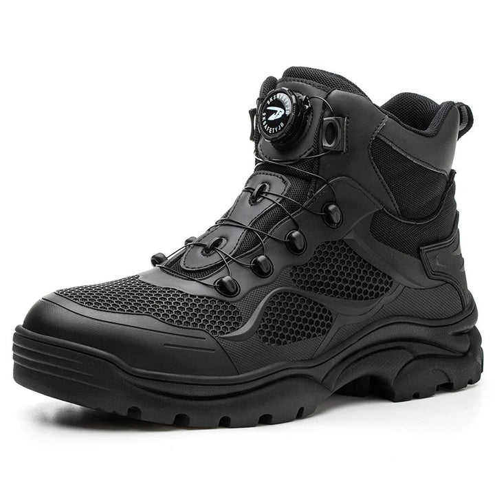 Chaussures de sécurité hautes unisexe, laçage rapide à bouton rotatif. Embout acier, anti-perforation, antidérapantes.