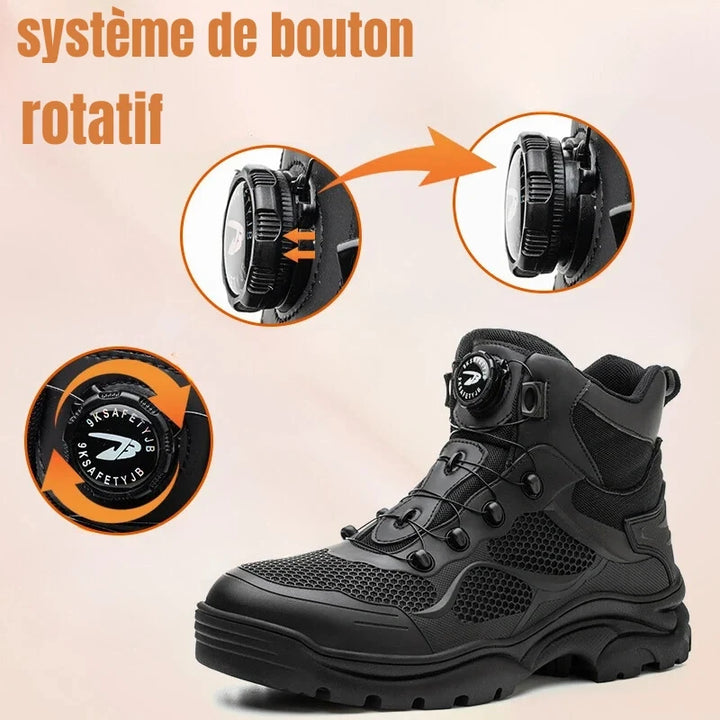 Détail du bouton rotatif sur chaussure de sécurité unisexe. Facilité d'ajustement, confort et maintien au travail.