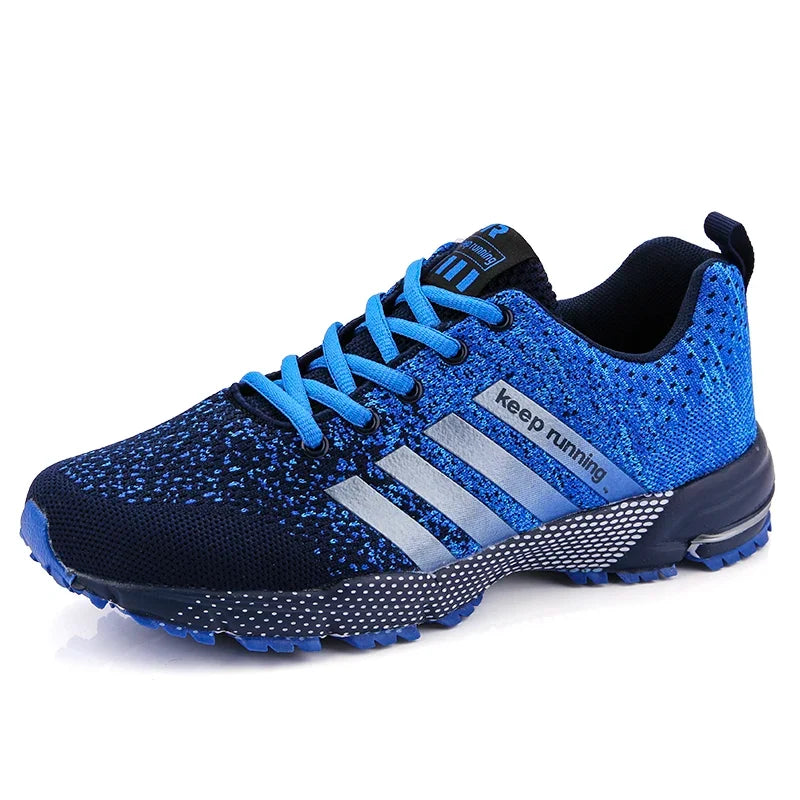 Vue latérale des baskets de running légères et aérées pour homme/femme, idéales pour sport, marche et course.