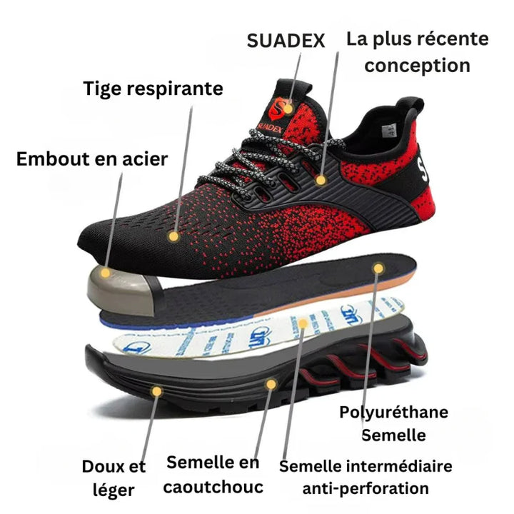 Paire de baskets de sécurité légères, noires et rouges, avec embout acier composite pour hommes et femmes au travail.