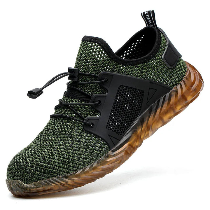 Paire de baskets de sécurité unisexes, légères, aérées, offrant protection, robustesse et confort pour le travail.