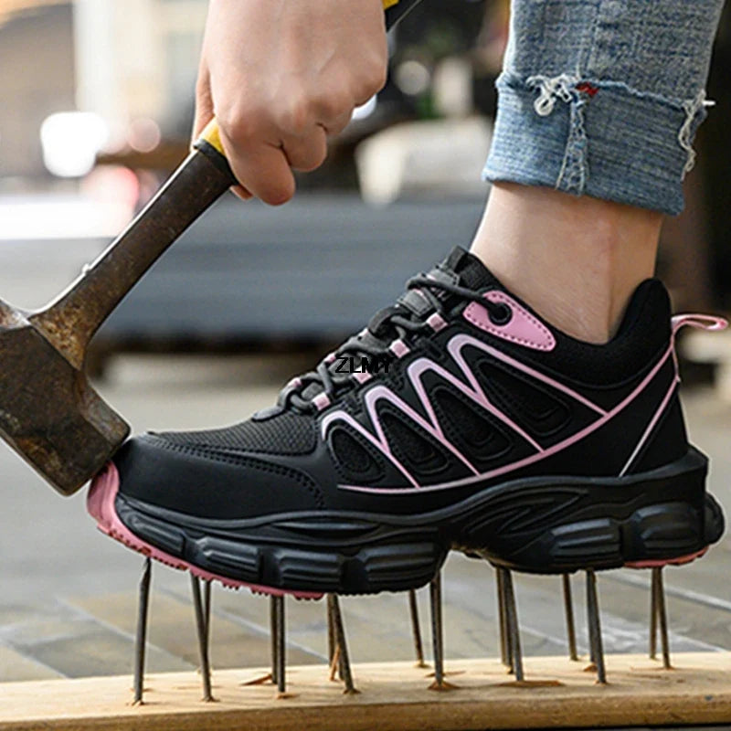 Baskets de sécurité femme modernes et polyvalentes avec embout acier, alliant mode et protection au travail.