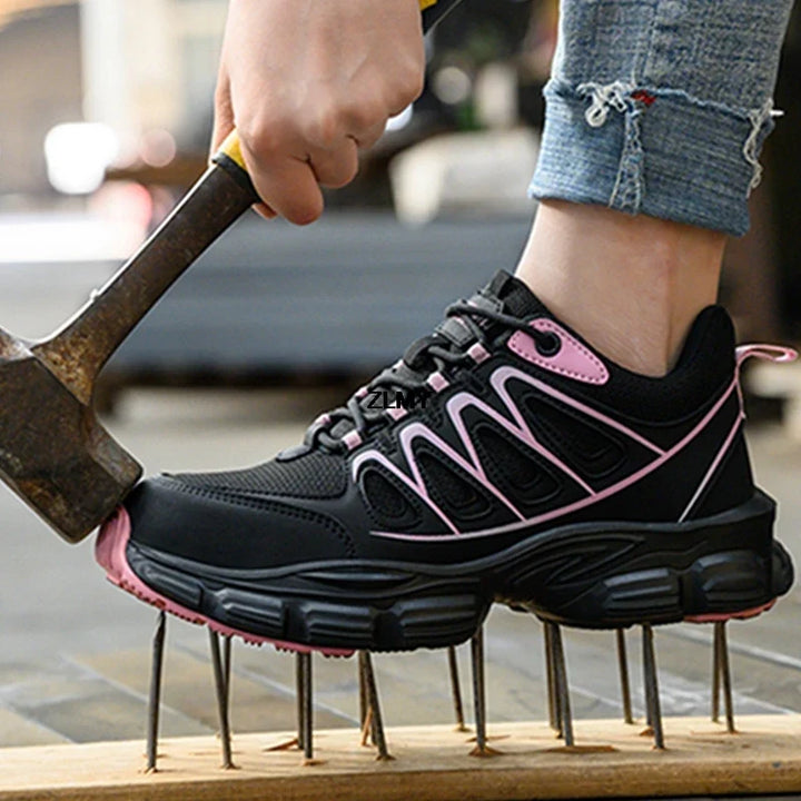 Baskets de sécurité femme modernes et polyvalentes avec embout acier, alliant mode et protection au travail.