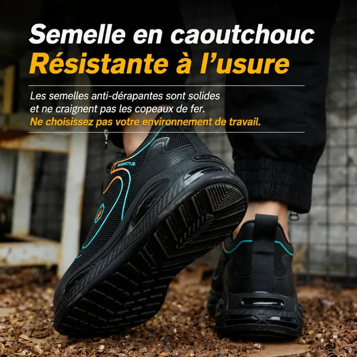 Baskets de sécurité professionnelles, laçage rapide à bouton rotatif. Pour homme et femme en atelier.
