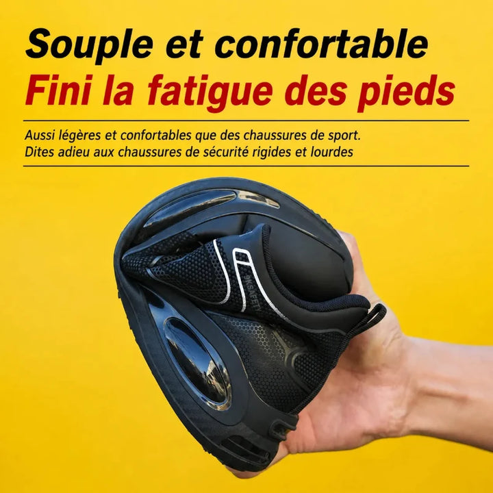 Baskets de sécurité robustes pour chantier, imperméables, embout acier. Avec bouton rotatif pratique.