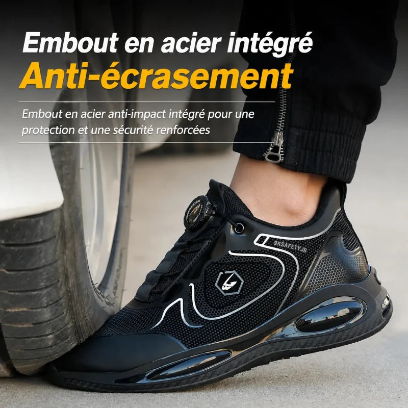 Chaussures de sécurité homme/femme, bouton rotatif, semelle antidérapante. Protection optimale pour le travail.