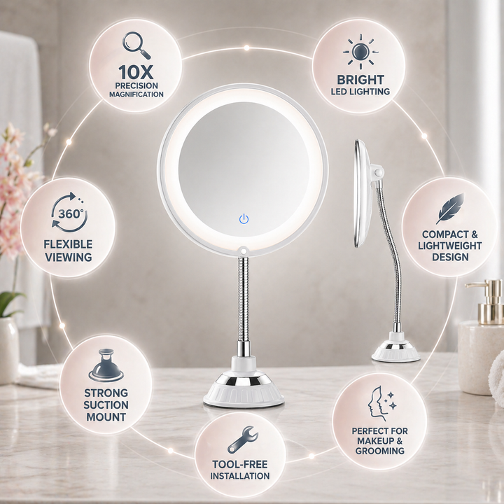 Miroir de salle de bain mural, design moderne, grossissant pour maquillage, soin facial et rasage quotidien.