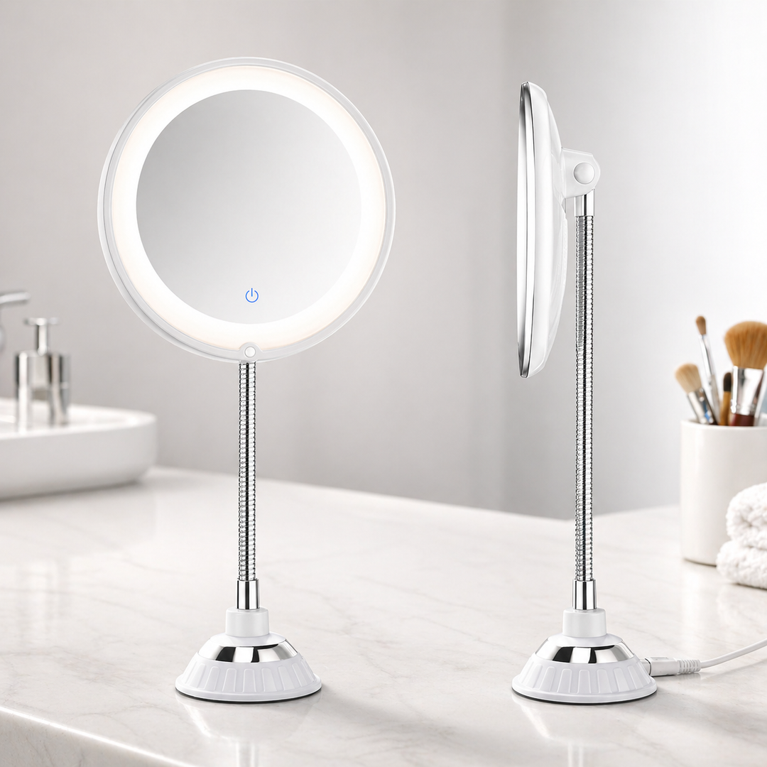 Miroir mural grossissant élégant pour salle de bain, idéal maquillage, soin du visage et rasage précis.