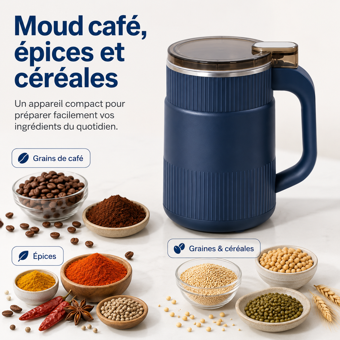 Moulin à café électrique BeanBliss, puissant et compact pour grains frais. Préparation rapide.