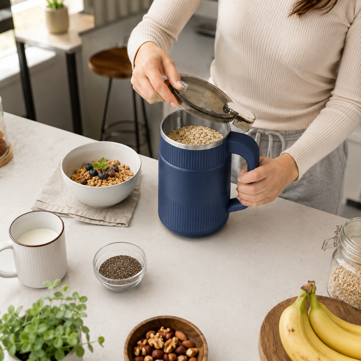 Moulin électrique BeanBliss compact, parfait pour le café et les épices. Gain de place assuré.