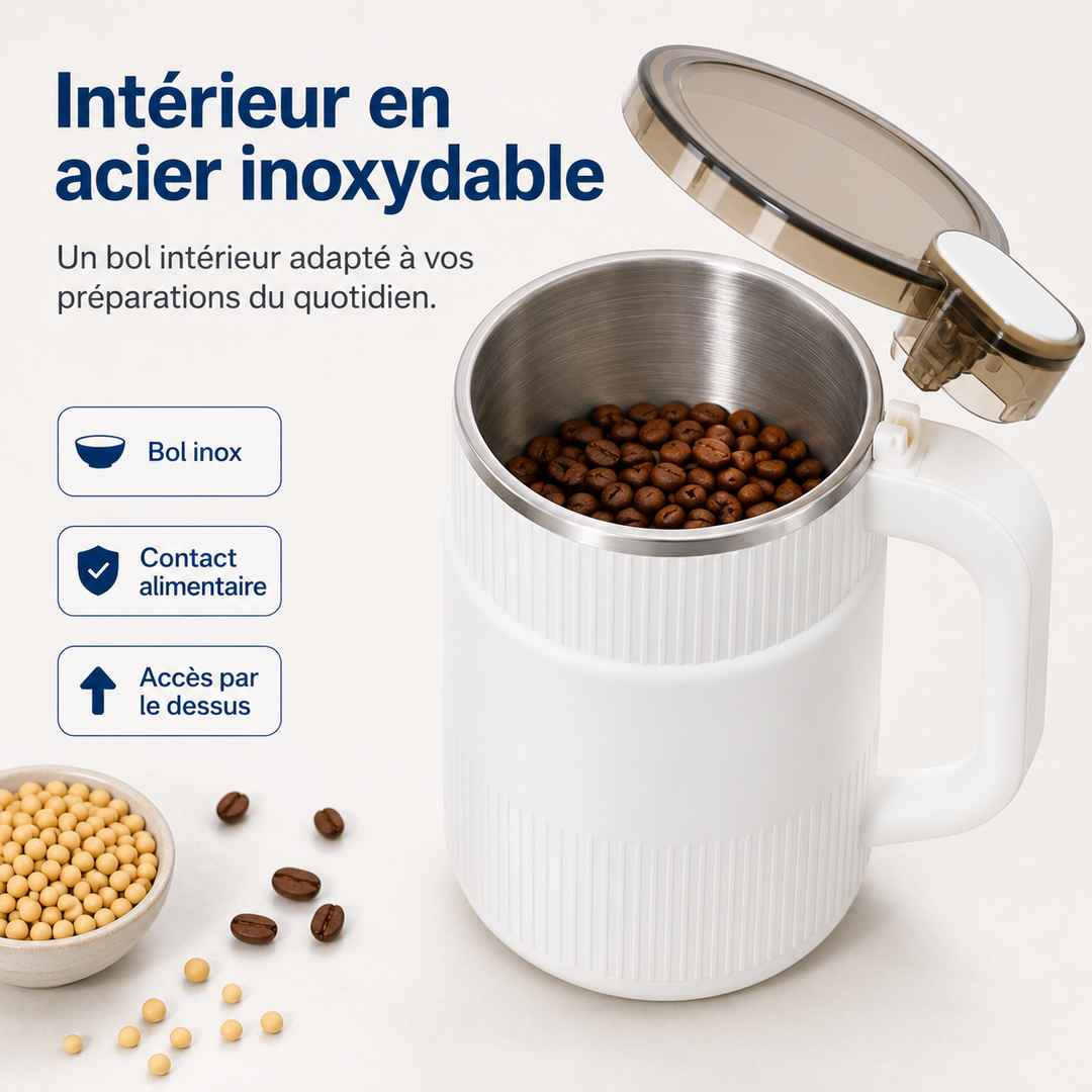 Moulin électrique BeanBliss en acier inoxydable. Design moderne et compact pour toute cuisine.