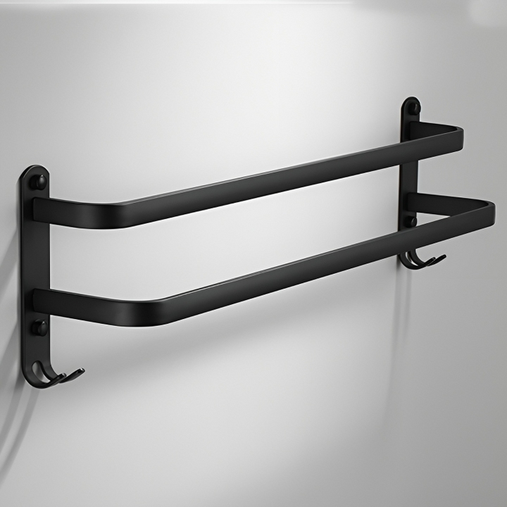 Support de serviette mural DrySpace noir avec crochets intégrés, sans percer, idéal pour la douche.
