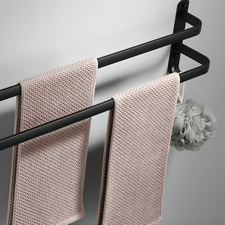 Porte-serviettes DrySpace aluminium noir, design moderne et fixation adhésive, optimisation de l'espace bain.