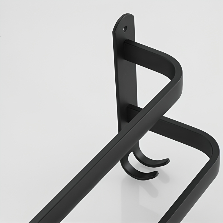 DrySpace: porte-serviette mural en aluminium noir, design minimaliste et fixation sans perçage pour salle de bain.