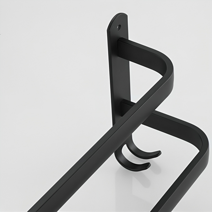 DrySpace: porte-serviette mural en aluminium noir, design minimaliste et fixation sans perçage pour salle de bain.