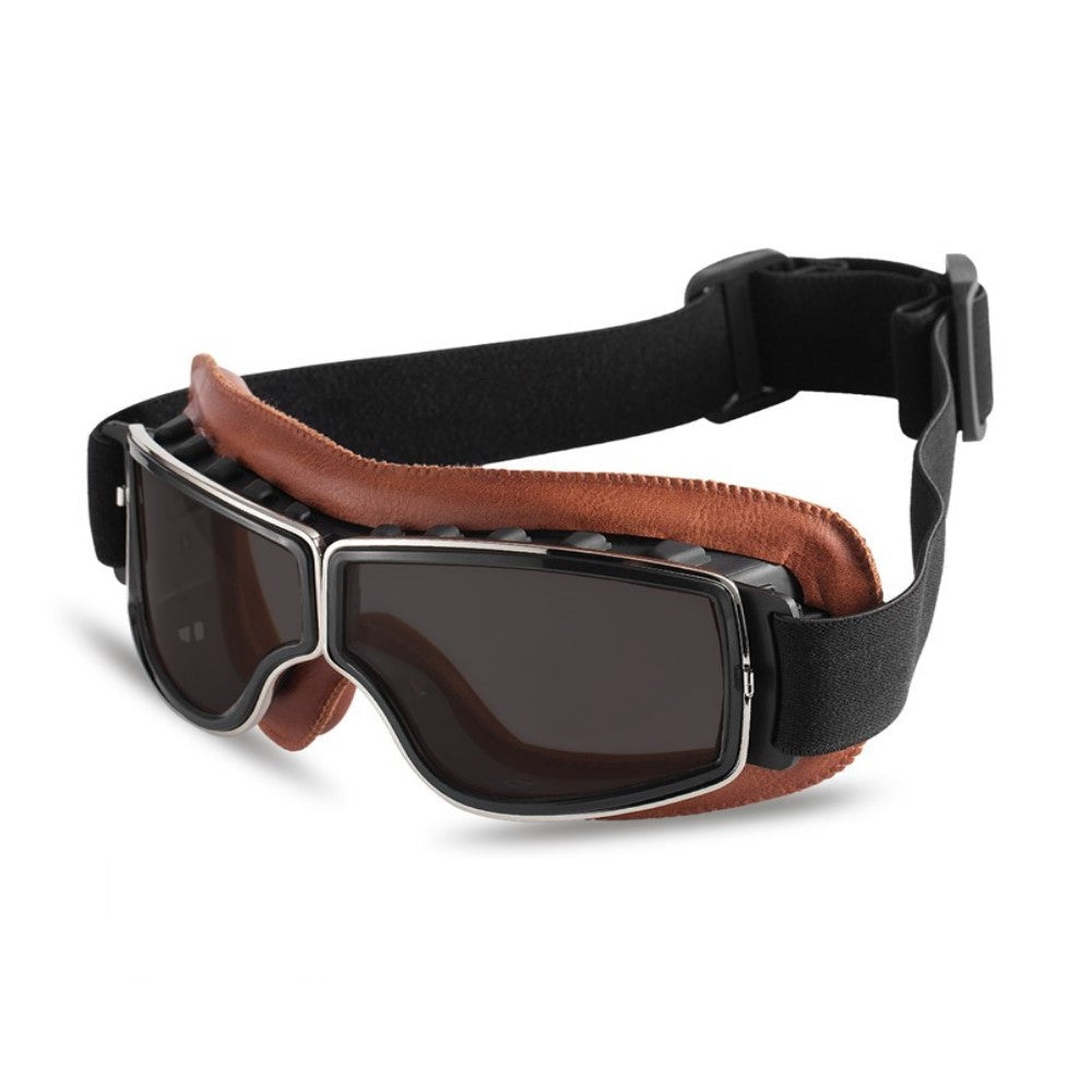 Accessoire motard: lunettes protection oculaire vintage cuir noir. Monture TPU, anti-vent, anti-poussière, look rétro.