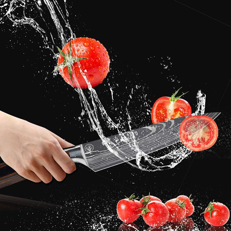 Set de 5 couteaux de cuisine professionnels, tranchant supérieur en acier inoxydable et manches confortables en bois pour chef.