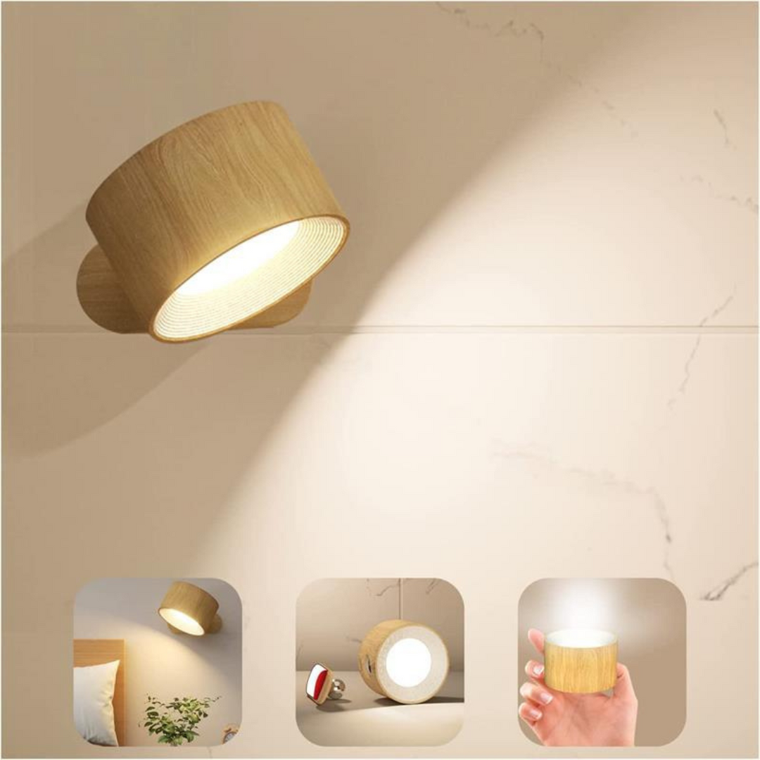 Lampe murale LED pivotante pour chambre, sans fil et rechargeable, offre un éclairage doux ou intense dimmable.