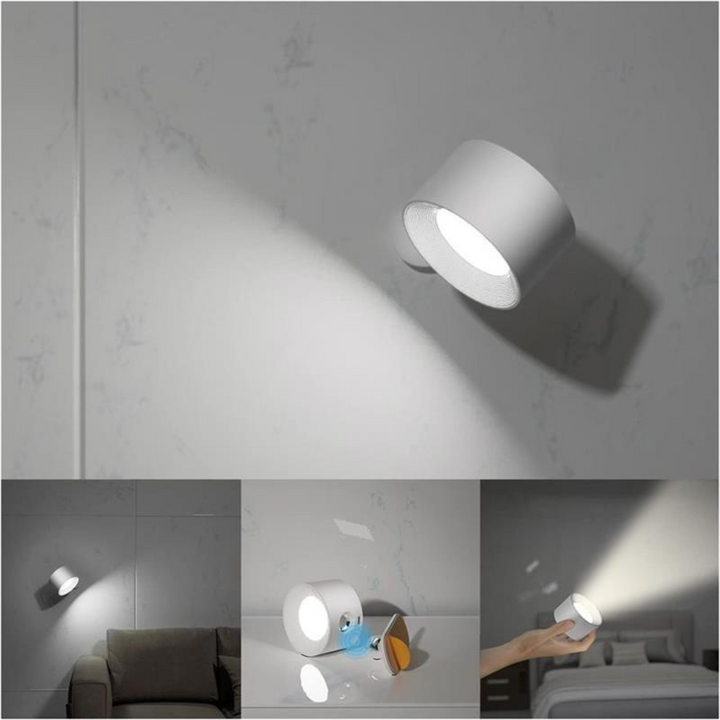 Éclairage mural LED dimmable, lumière ajustable et pivotante 360°, idéal pour chambre ou salon.