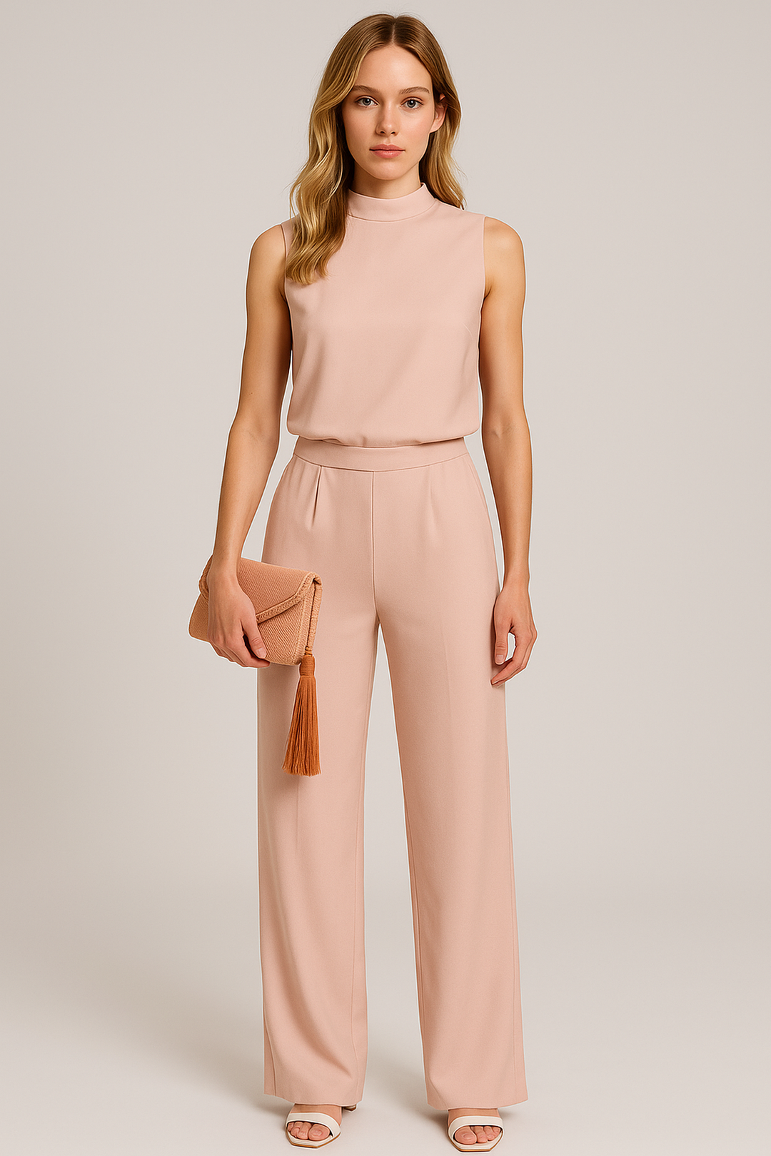 Combinaison femme mode, coupe droite à jambes larges, élégante et confortable. Style sans manches pour jour ou soirée.