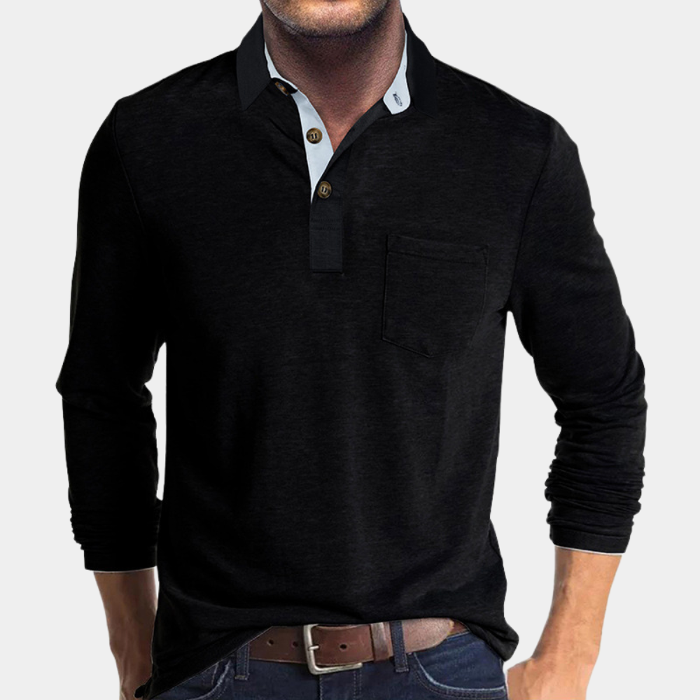 Polo homme bleu marine à manches longues, look décontracté élégant pour l'automne. Vêtement masculin.