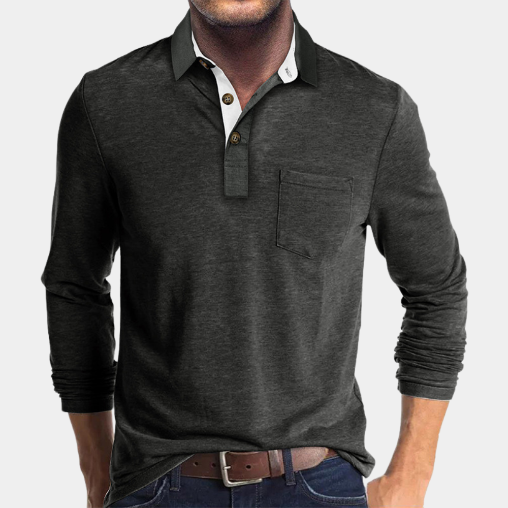 Polo noir homme à manches longues, vêtement masculin raffiné, idéal pour un style élégant automnal.