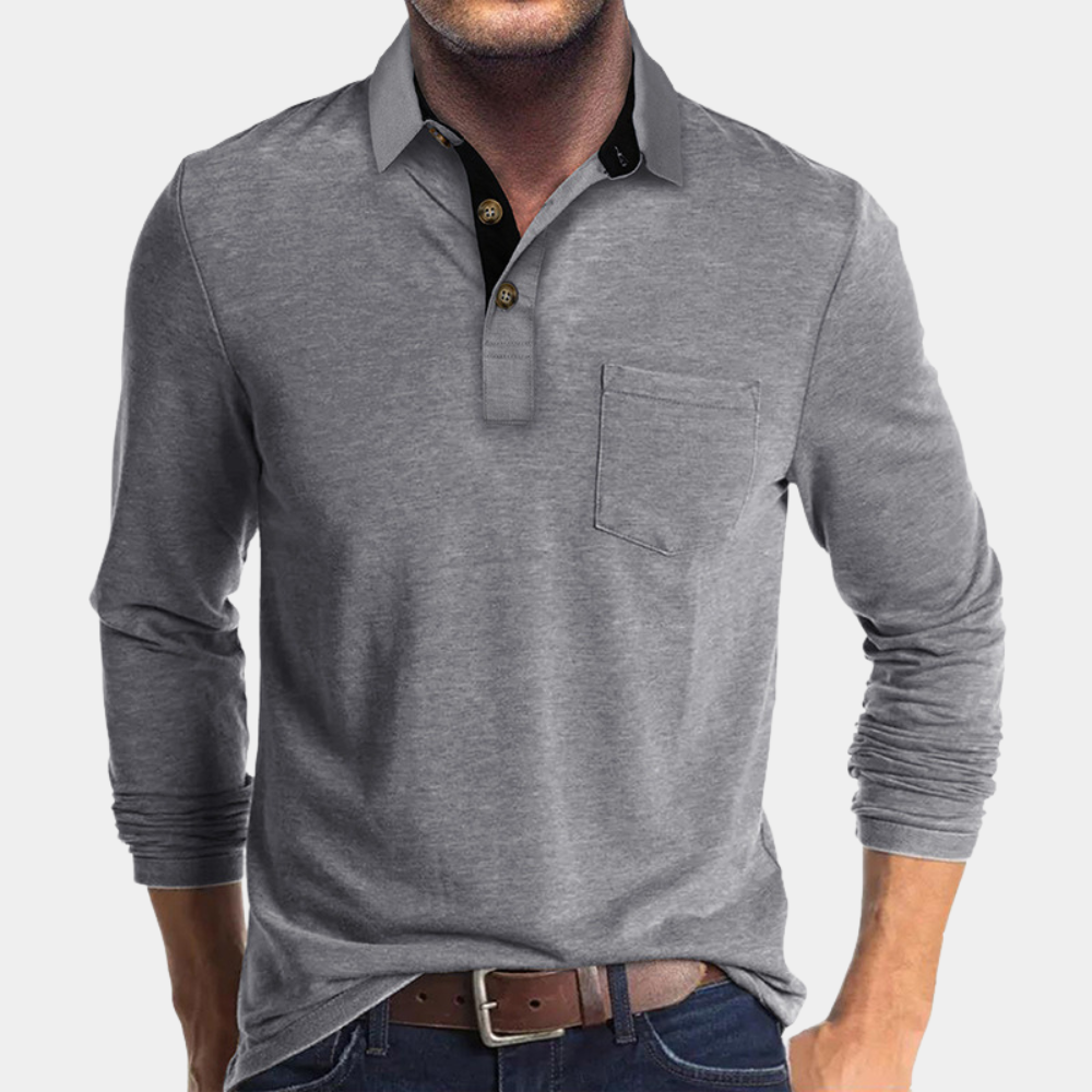 Polo homme gris à manches longues, confort optimal pour l'automne et la mi-saison. Tissu doux.