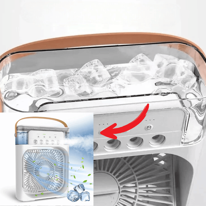 Appareil 2-en-1: mini ventilateur silencieux et humidificateur portable pour un air frais et hydraté.