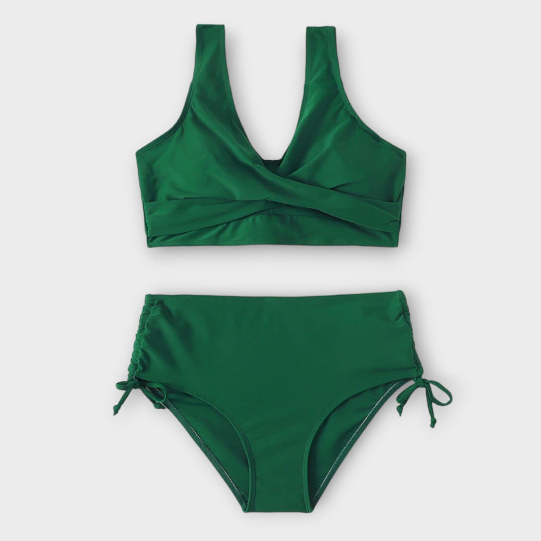 Bikini femme deux pièces taille haute élégant et ajustable. Maillot de bain d'été pour la plage, noir, rouge, vert.