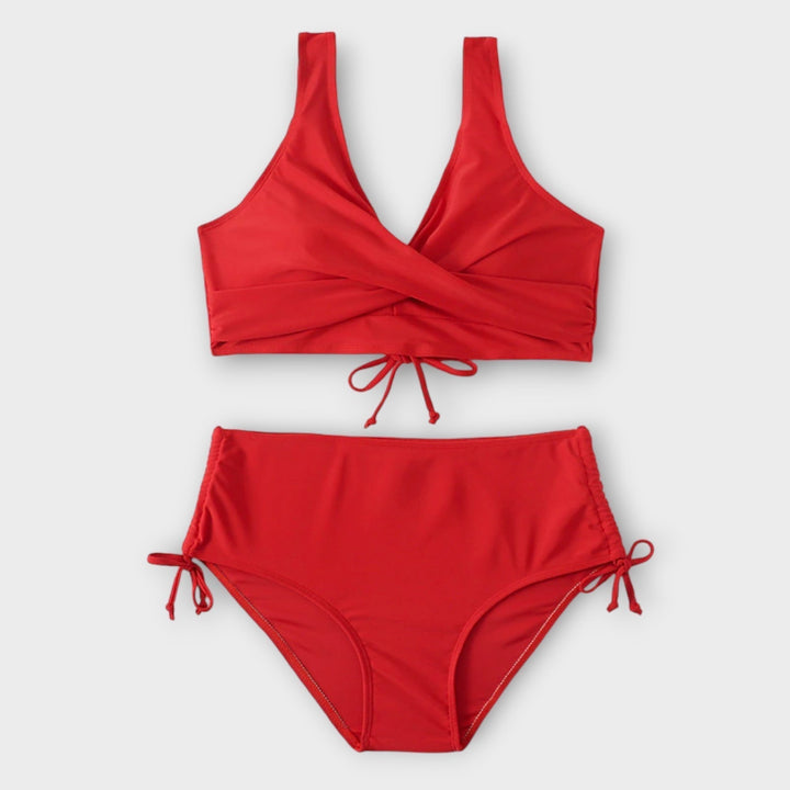 Bikini taille haute ajustable pour femme, deux pièces élégantes. Maillot de bain d'été noir, rouge ou vert plage.