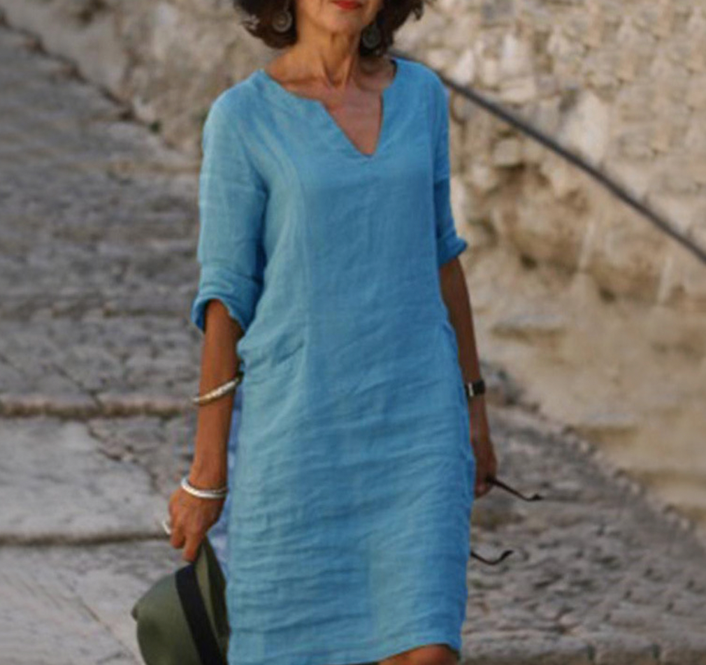 Robe longue fluide femme élégante et décontractée, col V, parfaite pour le quotidien printemps-été.