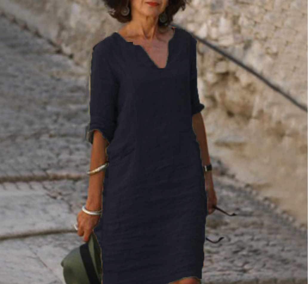 Robe longue fluide femme, col V et manches, un look chic et moderne au quotidien, très confortable.