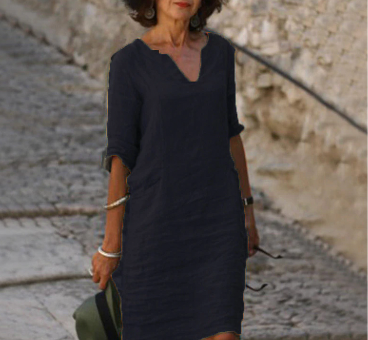 Robe longue fluide femme, col V et manches, un look chic et moderne au quotidien, très confortable.