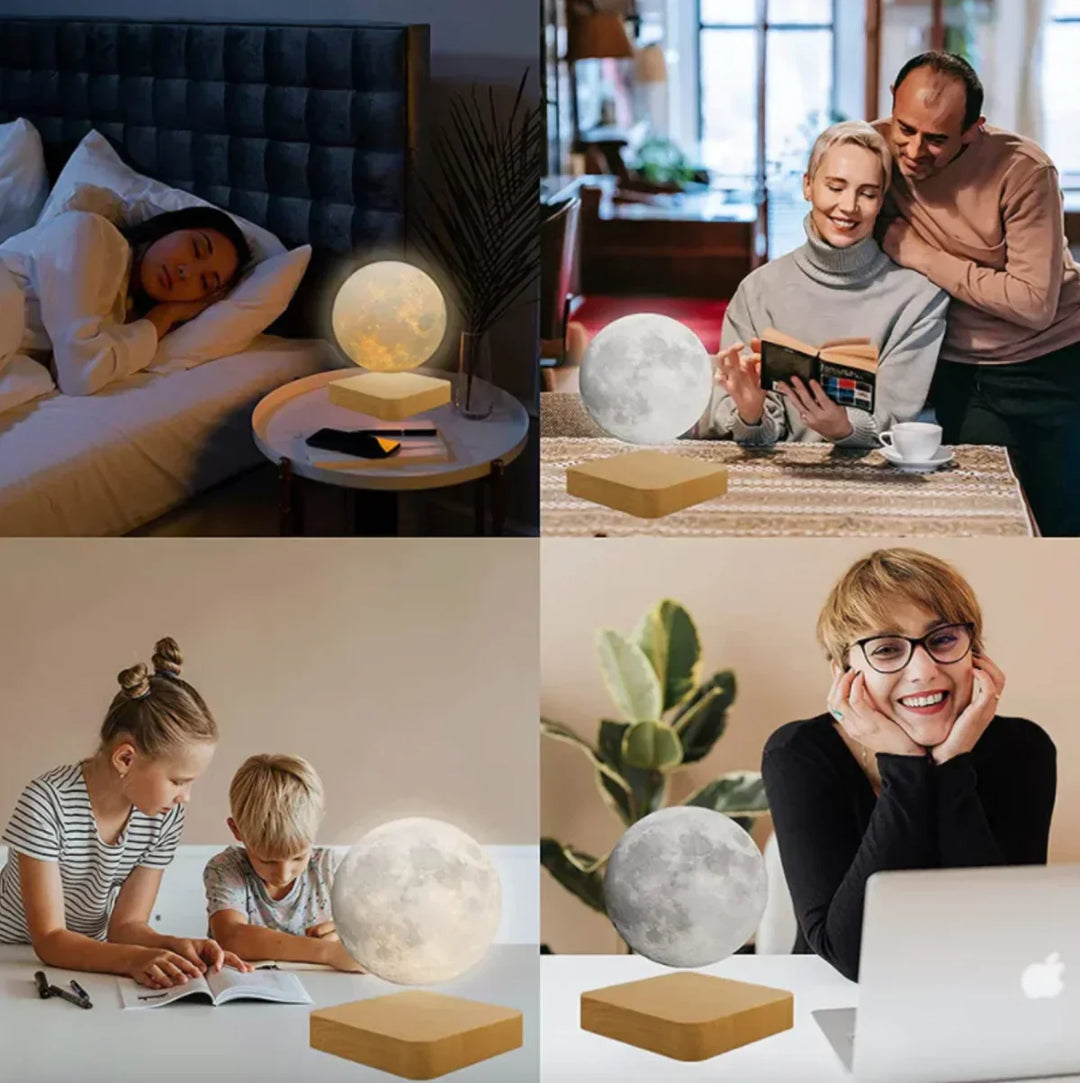 Lampe lune flottante créatrice d'ambiance, luminaire LED de lévitation pour un salon ou une chambre.