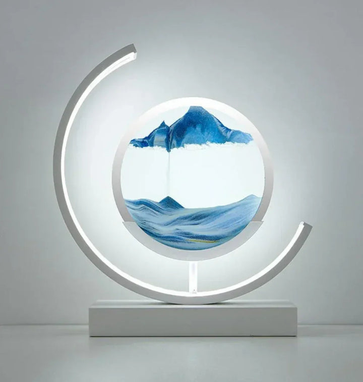 Lumière d'ambiance LED pour lampe de table avec mouvement de sable, créant une atmosphère relaxante et zen.