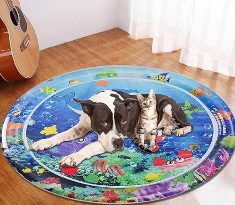 Chaton jouant joyeusement sur le tapis de jeu aquatique SplashTail, stimulant ses sens et son agilité.